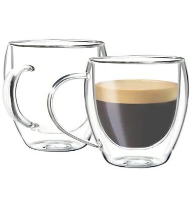 2pcs Clear Glass Espresso MugsDouble Wall Thermo Insulated Drinking Coffee Cups • £10.99