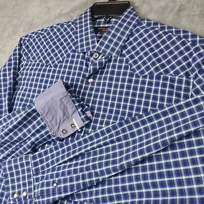 Banana Republic Slim Fit Western Pearl Snap Shirt Blue Plaid Flip Cuff - Medium • $22.99