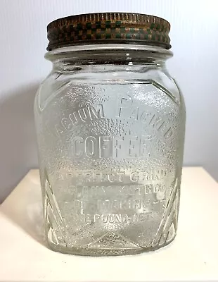 Vintage Embossed Glass Jar ~  RELIANCE Coffee Vacuum Packed With Lid  Iridescent • $25