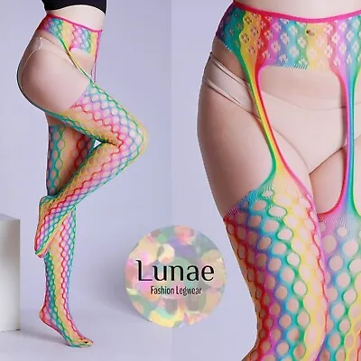 Rainbow Fishnet Tights Suspender Cut-out Crotchless Rave Size 12/14/16/18 M-XXL • £7.99