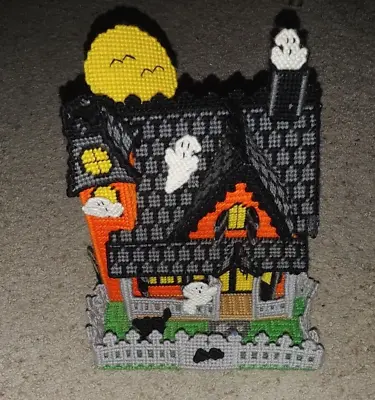 Vintage Halloween Haunted House Candy Bowl Yarn Plastic Canvas Finished Piece • $42.49