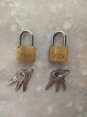 Lot / Set Of 2  Rock  Locking Tank Taps Mini Brass Padlocks Locks W/3 Keys Works • $7.92