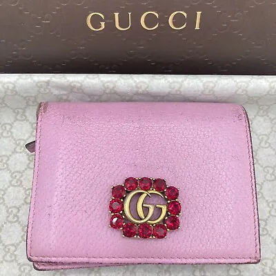 Auth Used GUCCI Purse Leather Wallet Italy Gg Marmont 1483 Crystals Pink • $186