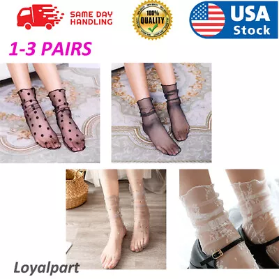 $5.95 • Buy Women Fishnet Mesh Lace Ruffle Socks Sheer Silky Glitter Short Ankle Stockings
