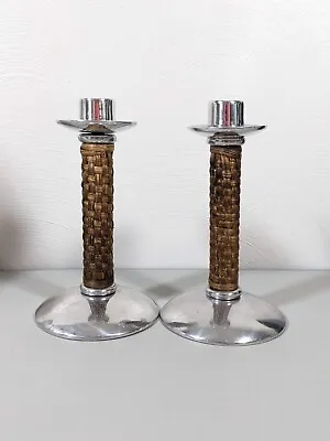 Mariposa Mexico Pair Of 2 Silver Brown Basket Weave Candlesticks Cottage Core 7  • $31.49