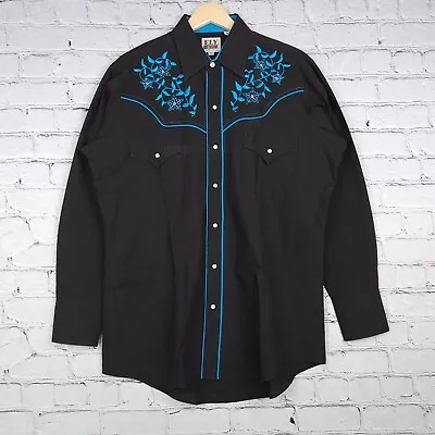 Ely Cattleman Western Shirt Mens Medium Black Embroidered Pearl Snap Western • $29.88