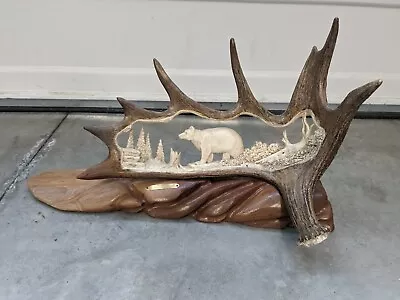 Hand Carved Moose Antler Bear Scene Bruce Dixon 1998 Shed • $1299.99