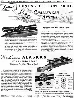 1952 Print Ad Of Lyman Challenger & Alaskan Hunting Rifle Scope • $9.99