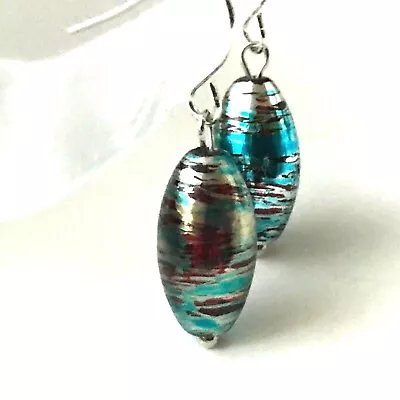Red Murano Art Glass Bead Earrings Hand Painted Aqua Blue Silver Plated • $9.99