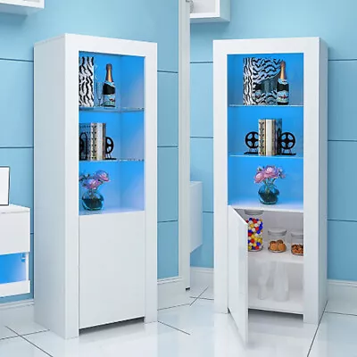 Tall Display Cabinet Sideboard Cupboard Unit High Gloss Doors LED Lights White • £83.52