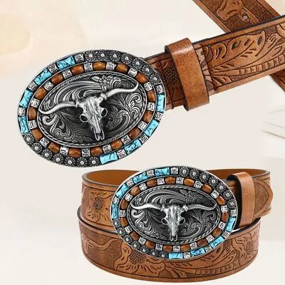 Bull Pattern Mens Western Cowboy Belt PU Leather Waist Belt Waistband For Mens • £8.77