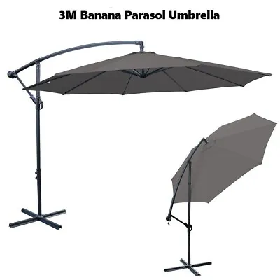 Grey 3m Garden Banana Parasol Patio Sun Shade Hanging Rattan Umbrella Cantilever • £71.20