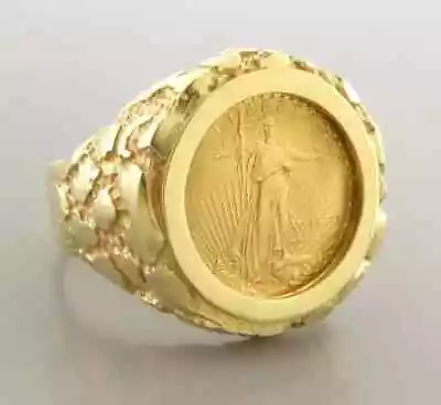 14K Yellow Gold Plated Men's 20 Mm Coin American Eagle Nugget Engagement Ring • $231.72