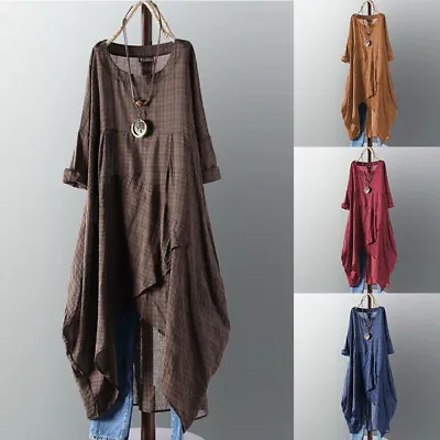 ZANZEA Women Long Sleeve Plaid Casual Loose Top High Split Iregular Hem Dress AU • $23.05