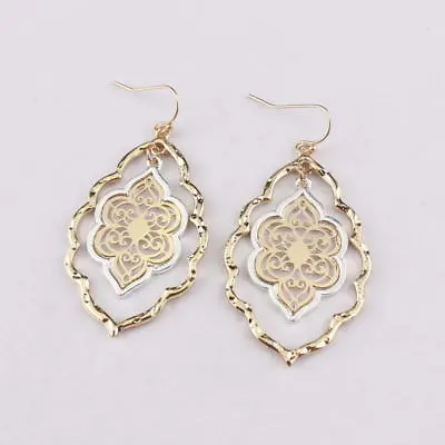 Hammered DropTwo Tone Filigree Petals Floral Moroccan Girls Statement Earrings  • $1.39