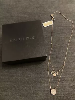 Michael Kors Rose Gold Necklace Chain Double Row With Disc Pendant Diamanté • £55