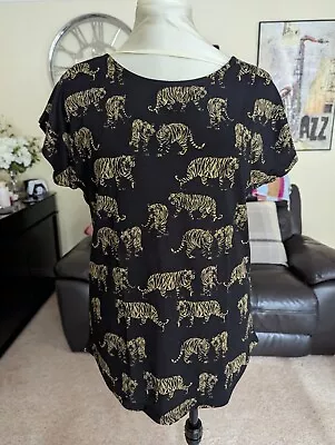 Tu Longline Womens Size 12 Top Black With Gold Tiger Design BNWT • £4