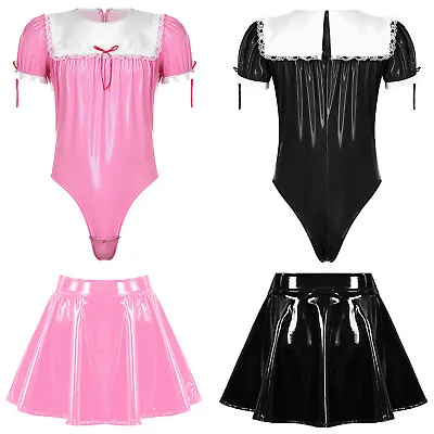 US Men's Wet Look Patent Leather Maid Sexy Sissy Underwear Bodysuit+Skirt Outfit • $21.61