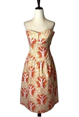 Tibi Ivory And Red Tree Print Cotton Strapless Knee Length Fit And Flare Dress 2 • $39.99