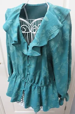 TU Blouse Top Frill Ruffle Jade Green 20 Jacquard 80s Look Romantic Peplum • £24