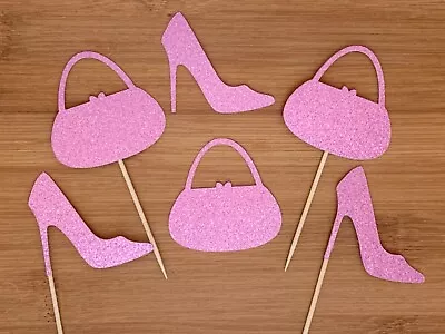 Handbag & High Heels Pink Glitter Cupcake Toppers Cake Decorations Picks  • £2.75