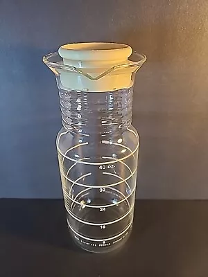 Vintage Pyrex Corning Juice Carafe Pitcher 1 1/2 Qt.  Tan Striped Glass • $12