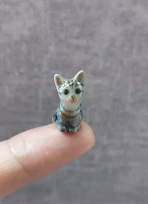 Tiny Grey Cat Ceramic Miniature Figurine Dollhouse Cats Sculpture Collectible • $14