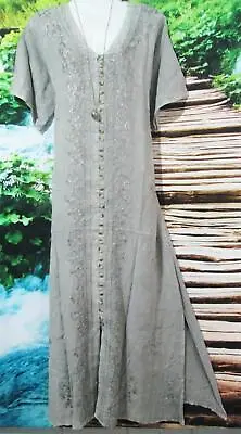Boho Embroidered Button Up Tie Backs Silver Grey  Long Dress 120cm  16 - 18 • $43.99
