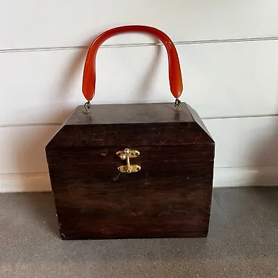 Vintage Wooden Box With Lucite Handle Jewelry Purse • $49.99