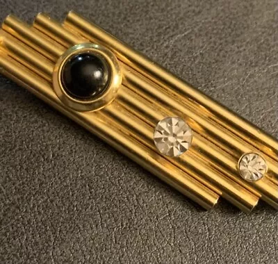 Vintage Art Deco Style Rhinestone  Gold Tone Bar Shape Brooch Pin Faux Onyx • $10.50