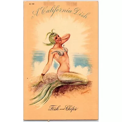 FISH & CHIPS - A California Dish - Vintage Pin-up Linen Postcard -Pretty Mermaid • $23.50