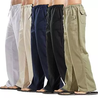 Mens Summer Cotton Linen Pants Drawstring Elastic Waist Wide Leg Loose Trousers • $22.99