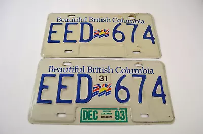 British Columbia License Plate EED 674 Beautiful BC December 1993 Blue White Vtg • $18.10
