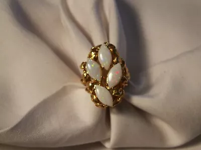 ...Vintage Floral Design 14K Gold Australian Marquise Opals Ring Size 7... • $294