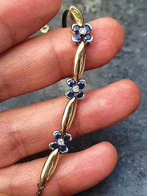 Sapphire And Diamond 9ct Yellow Gold Bracelet 375 Vintage Flower Design 375 DIA • £490