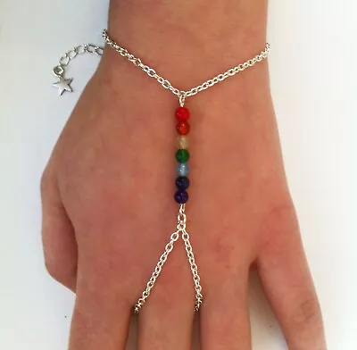 Chakra Gemstone Slave Chain Hand Harness Silver Plated Bracelet In Gift Bag • £5.75