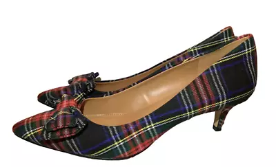 J Crew Tartan Esme Fabric Red Green Blue Yellow Plaid Bow Kitten Heels 8.5 • $45