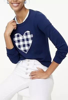 Sz S J CREW TEDDIE Navy Blue Gingham Heart Pullover SWEATER Top 100% Cotton • $22.85