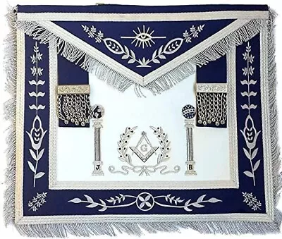 Navy Blue Apron Master Mason Square G & Pillars Freemasons Silver Fringe • $59.90