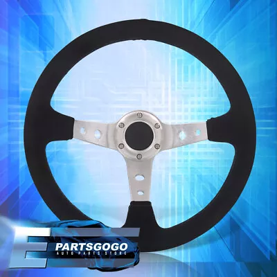 350mm 14  Universal Suede Blue Stitching Deep Dish Steering Wheel + Horn Button • $31.99