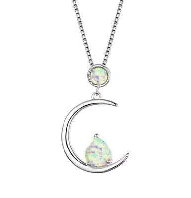 Fashion Silver Rainbow White Simulated Opal Pendant Necklace Chain For Women • $0.36