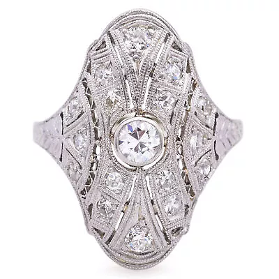 Antique 18K White Gold & Platinum Diamond Shield Cocktail Ring Size 6 • £638.94