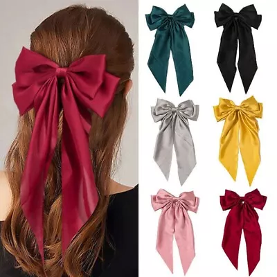 Womens Large Bow Ribbon Barrettes Steel Hairpin Satin Hair Clip Hair Accessories • £2.39