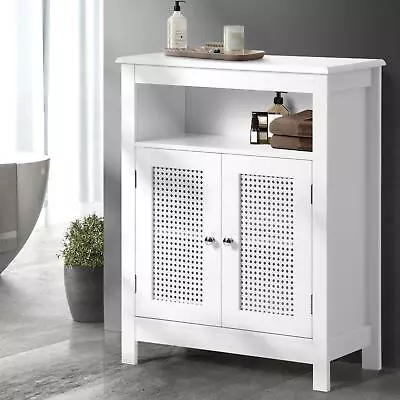 Oikiture Storage Cabinet Floor Cupboard Laundry Bathroom Two Rattan Door White • $118.90