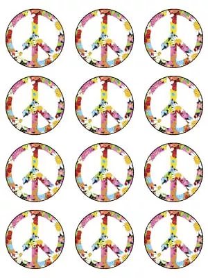 Flower Power Peace Sign 70's 1970 Edible Printed Cupcake Toppers Wafer Icing • £5.91