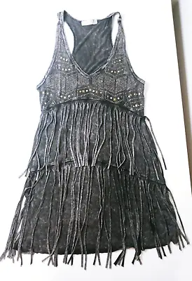 Womens Fringe Stud Short Dress Size Small Gray V Neck By T Party • $30
