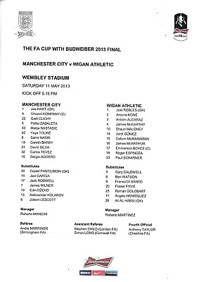 Teamsheet - Manchester City V Wigan Athletic 2012/13 (11 May) FA Cup Final • £2