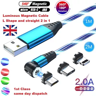 540°MAGNETIC LED Flowing Light Up Fast Charge USB Cable For IPhone/Android/TypeC • £6.59