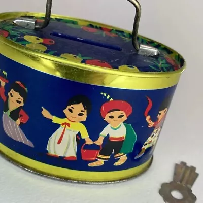 Vintage Tin Litho Coin Bank With Key Handle 60s Small Colorful Royal Blue Piggy • $15