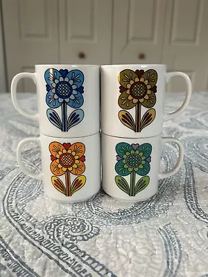 Vintage Retro Groovy Flowers Stackable Coffee Mugs Japan 59517B Set Of 4 • $39.99